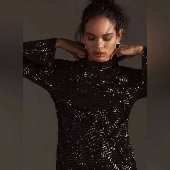 By Anthropologie Maeve Long-Sleeve Mock-Neck Sequin Mini Dress Size X Small - Picture 4 of 9